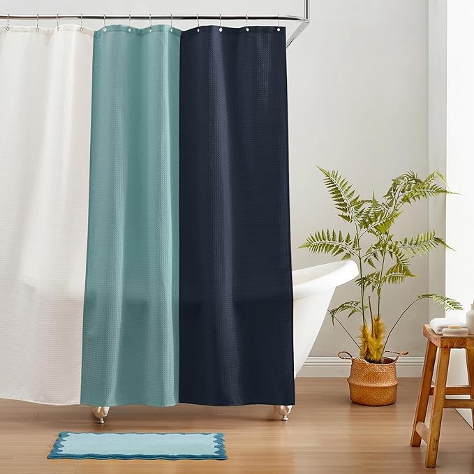 MONDAY MOOSE Colorful Waffle Weave Shower Curtain with Rustproof Metal Grommet Holes for Bathroom, Machine Washable, Hooks Included (72x72 inch, Light Blue/Blue)