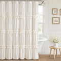 XOGUIBO Ruffle Shower Curtain with Bow Vintage Farmhouse Linen Shower Curtain for Bathroom, Cream, 72" W x 78" H