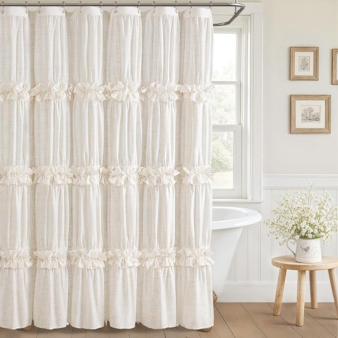 XOGUIBO Ruffle Shower Curtain with Bow Vintage Farmhouse Linen Shower Curtain for Bathroom, Cream, 72" W x 78" H