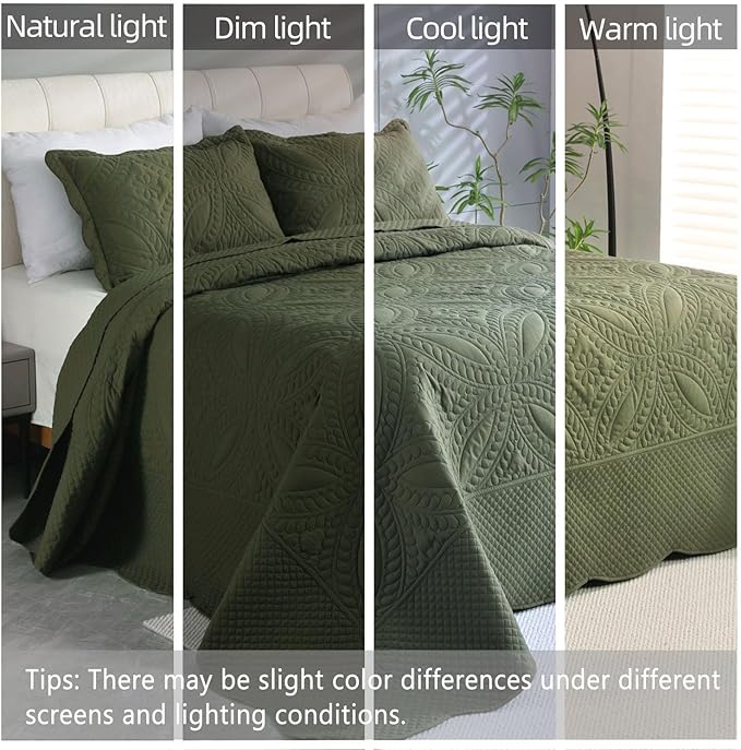 Cmfshape Oversize King Bedspread 114"x102",3 Pieces California King Size Quilt,Lightweight Olive Green Quilt Set for All Season,Modern Coin Pattern Bedding Set(1 Quilt,2 Pillowshams)