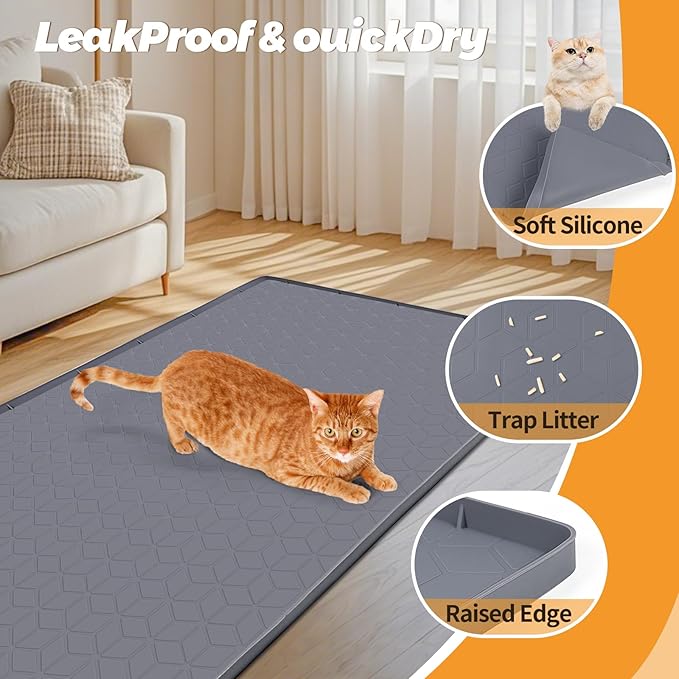 Bartuke Cat Litter Mat, Extra Large 34" x 22" Silicone Mat Litter Trapping Mat for Scatter Control, Soft on Kitty Paws, Easy to Clean (Dark Grey)