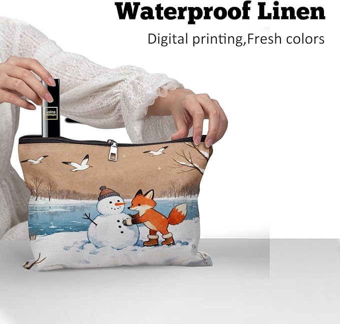 Cafl Fox Making Snowman Makeup Bag Travel Large Winter Cosmetic Bag Organizer toiletry Essentials Jewelry Zipper Bag Gift For Women -10×8 inch