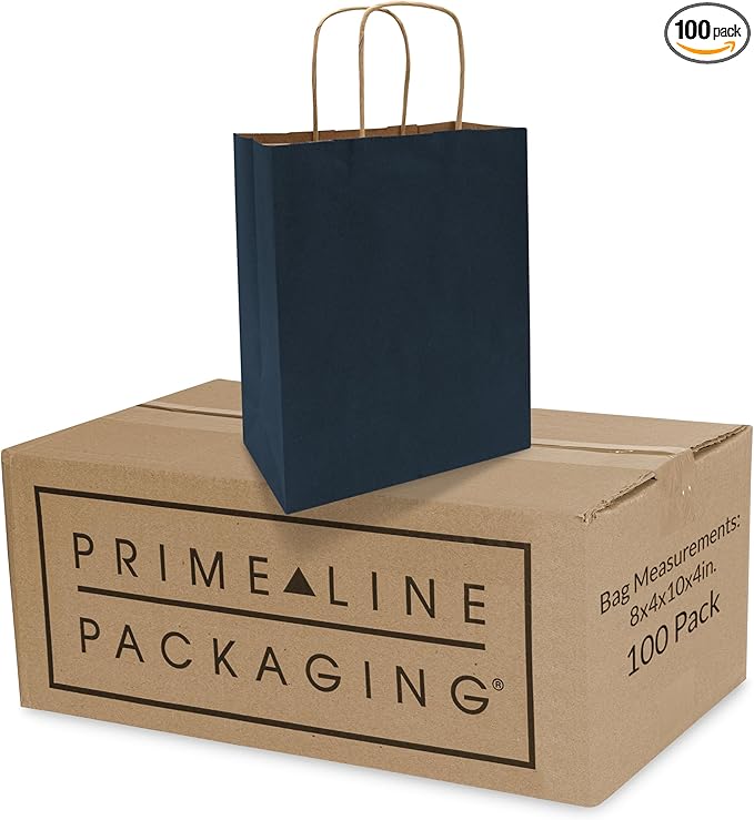 Prime Line Packaging Paper Gift Bags, Navy Blue Gift Bags Small with Handles, Shopping Bags for Business, Goodies, Party Favor, Welcome, Graduation, Bulk, 8x4x10, 100 Pack