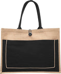 DISCOUNT PROMOS Custom Jute Tote Bags with Cotton Pocket Set of 1, Personalized Text logo and Picture - Reusable, Great for Picnic, Camping, Beach, Outdoor Activities - Black