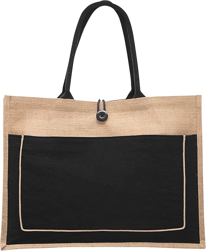 DISCOUNT PROMOS Custom Jute Tote Bags with Cotton Pocket Set of 1, Personalized Text logo and Picture - Reusable, Great for Picnic, Camping, Beach, Outdoor Activities - Black