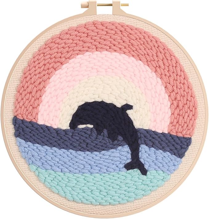 Allazone 3 Set Punch Needle Kits, 20cm Embroidery Starter Kits with Flamingos, Elk, Whales Pattern, Punch Needle Tool Threader Fabric Embroidery Hoop, Yarn for Crafts, Home Decor