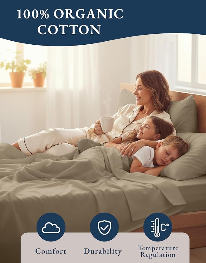LANE LINEN 100% Organic Cotton Sheets Set Pure Long- Staple Percale Weave - Bedding for Bed Fits Mattress Upto 15in Deep Pocket (Twin Taupe)