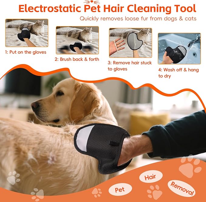 2 Pcs Pet Hair Remover Gloves for Cats & Dogs, Electrostatic Cat Hair Remover Dog Grooming Gloves, Reusable Pet Hair Cleaning Tool Washable Pet Hair Mitt for Carpet Curtain Clothing Couch Car Seat