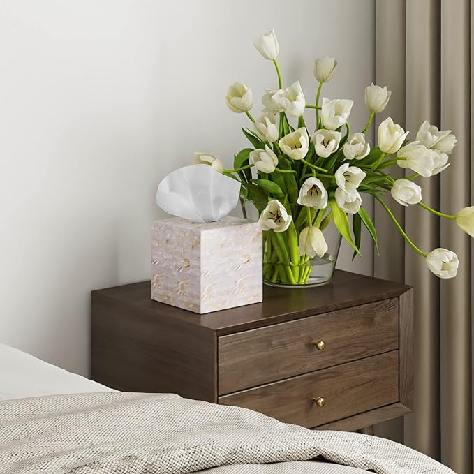 PEMAR Handcrafted Wooden Tissue Box Cover for Small Cube Tissue Boxes Only (Max Inner Size 4.7”) – Mother of Pearl Inlay Decorative Tissue Holder for Bathroom, Living Room & Office (Milano)