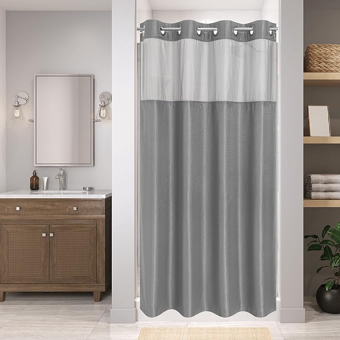 eachope Stall No Hook Shower Curtain with Snap-in Fabric Liner Set,Waffle Weave Shower Curtains for Bathroom,Hotel Luxury Decor Bathroom Curtain Set,Waterproof & Washable,Grey,54Wx80H