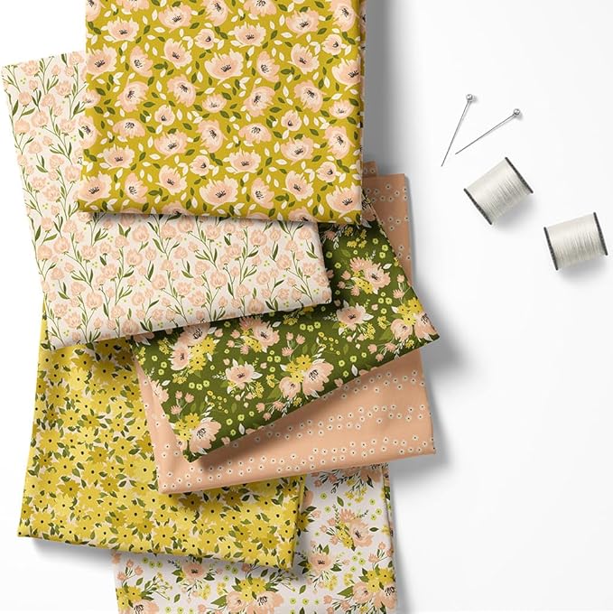 Floral Patchwork Fabric Panel 100x155 cm – 100% Cotton Satin, 6 Coordinated Yellow & Green Flower Prints on One Continuous Sheet (Assorted Florals – Yellow, Olive, Blush, 6pcs 50x50cm)