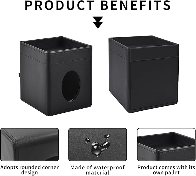 XNONE Tissue Box Cover Square Tissue Box Holder PU Leather Facial Tissues Organizer with Storage Tray for Bathroom Vanity Bedroom Office Car, Stylish Napkin Caddy Decorative Organizer (Black)