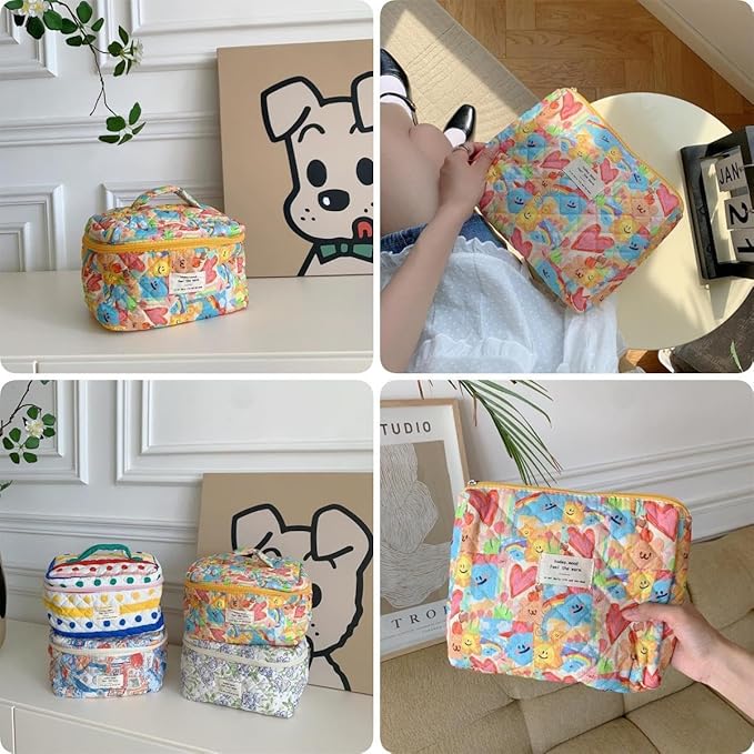 Fcteap Makeup Bag Travel Essentials Quilted Cosmetic Toiletry Pouch Organizer Insert for Women Dorm Room Essential Gift Large Capacity Opening Lightweight Cute Aesthetic Portable 2PCS (Heart)