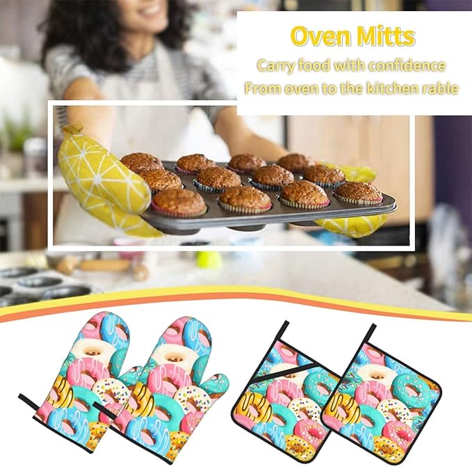 Cute Donut Doughnut Oven Mitts and Pot Holders Set of 4, Oven Mittens and Potholders Heat Resistant Gloves for Kitchen Cooking Baking Grilling BBQ
