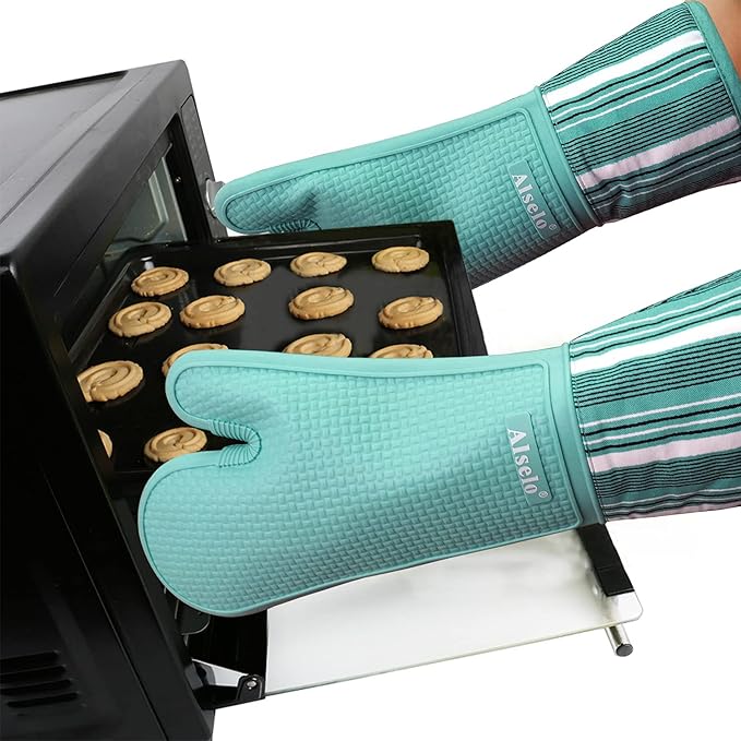 Silicone Oven Mitts Heat Resistant 550 Degree Extra Long Kitchen Gloves Pot Holders with Waterproof and Non-Silp for Baking Cooking Barbecue Microwave Machine Washable (Extra Long Blue, 2)