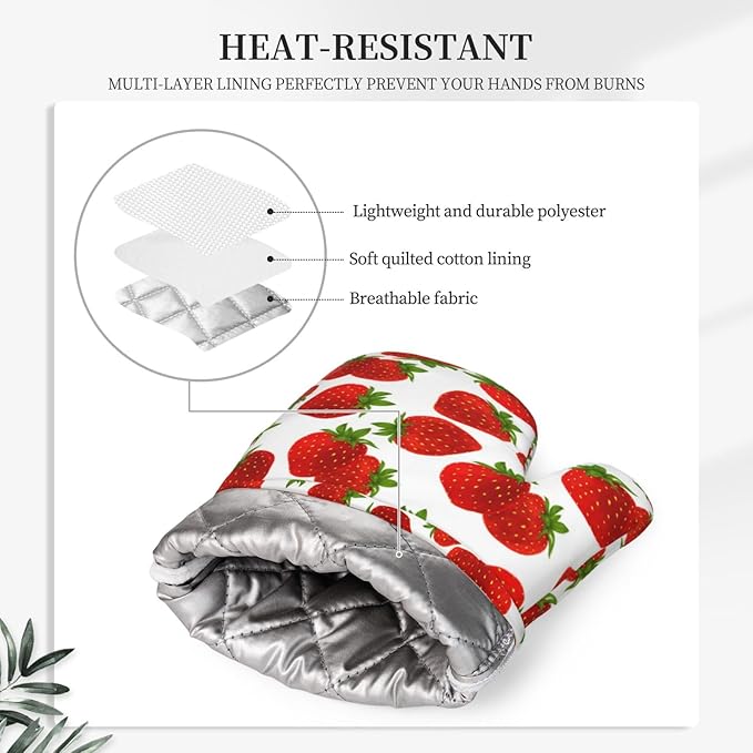 Cute Strawberry Oven Mitts and Pot Holders Sets Silicone Strawberries Kitchen Mitts Strawberry Potholders Heat Resistant 4Pcs Oven Gloves Hot Pads for Kitchen Baking Cooking BBQ Grilling