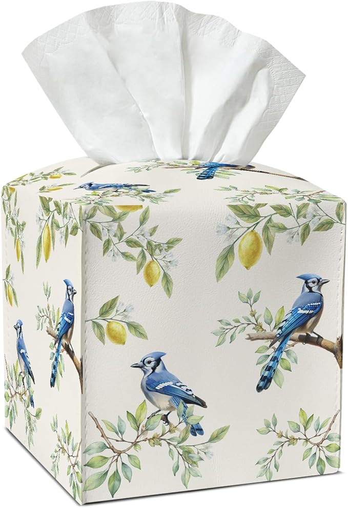 Blue Bird and Lemon Tissue Box Covers Square, Leather Tissue Box Holders Decorative for Car Nightstand Home Office Bathroom Organizer, Square Facial Paper Organizer Home Decor -013