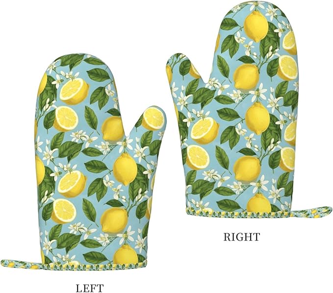 Heat Resistant Oven Mitts 2 Pack, 500°F Silicone Oven Gloves with Non-Slip Grip, Soft Quilted Cotton Lining for Baking, Grilling, BBQ, Cooking (Lemon)