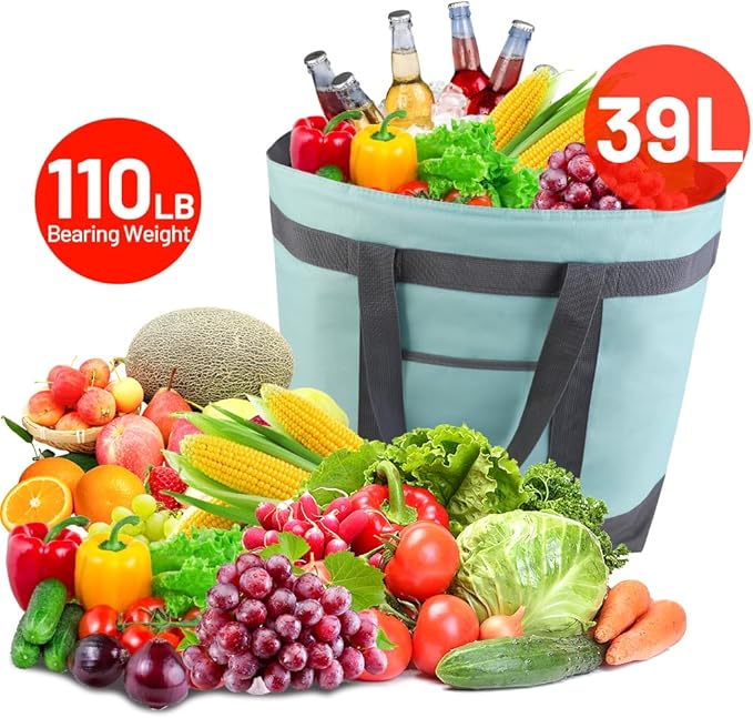 mosago Reusable Grocery Tote Bags, Insulated Cooler Shopping Bag for Women/Men, Pizza/Food Delivery Bags to Keep Food Hot/Cold for Commercial Food Transport, Cooler Bag for Travel/Beach/Picnic, Green