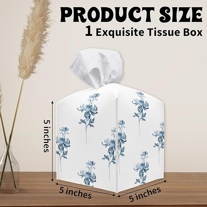 Blue Flowers Square Tissue Box Holder Cover, Floral Tissue Cube Box Organizer for Bathroom, Living Room, Office, Countertop, Car, Night Stands, Modern Home Desk Tabletop Decor - A07