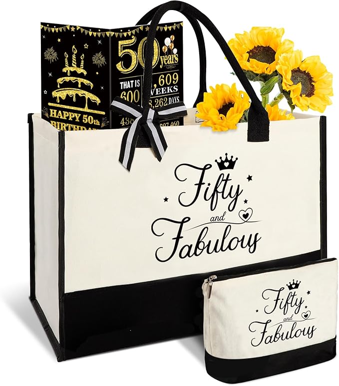 YeohJoy 50th Birthday Gifts for Women 50 and Fabulous Canvas Tote Bag Travel Gear, Unique 50 Years Old Gifts for Wife Sister Mom Aunt Friends Her, Handbag & Cosmetic Bag & 50 Birthday Poster