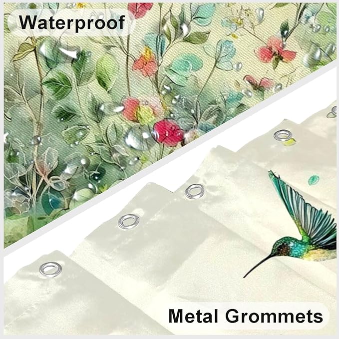 mutakin Green Leaf Flowers Shower Curtain Hummingbird Shower Curtains for Bathroom Waterproof Fabric Bath Curtain Decor with Hooks