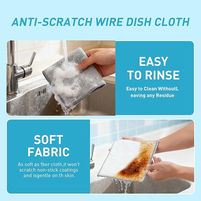 XHWXYQ 2025 New Upgrade Non Scratch Wire Dishcloth, Multipurpose Wire Dishwashing Rags for Kitchen, Wet and Dry, Sinks, Cookware, Stove, Easy Rinsing, Reusable (6pcs, Large)