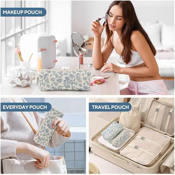 MZLUWM 2 Pcs Makeup Bag Travel Cosmetic Bag，Cute Floral Quilted Makeup Bag Set for Women Girls，Cotton Travel Toiletry Zipper Make Up Pouch (Blue Floral)