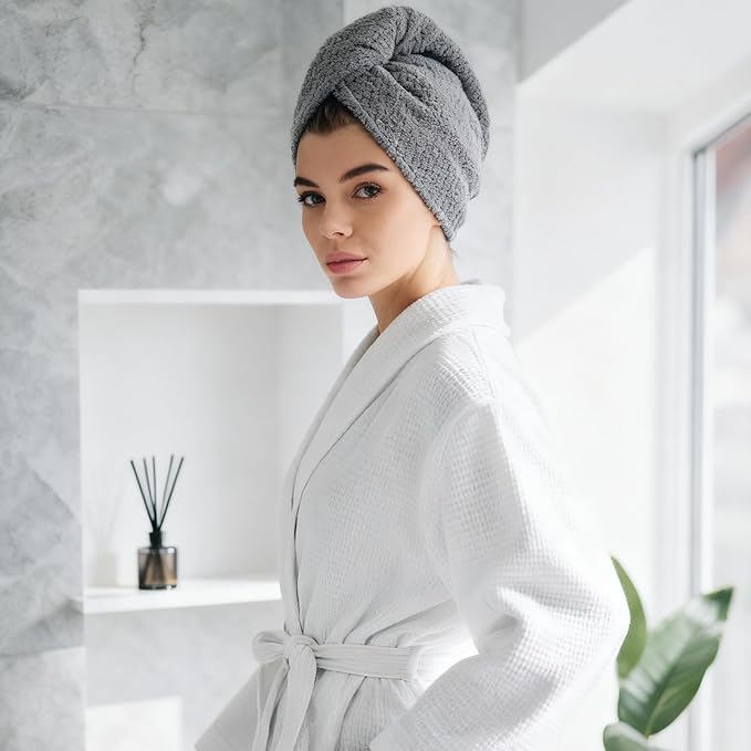 Azefnuhk 2 Pack Hair Towel Wrap for Women, Super Absorbent Quick Dry Hair Turban, Large Hair Drying Towel with Button for All Style Anti Frizz, Bathroom Must-Have for Ladies (Gray, Camel)