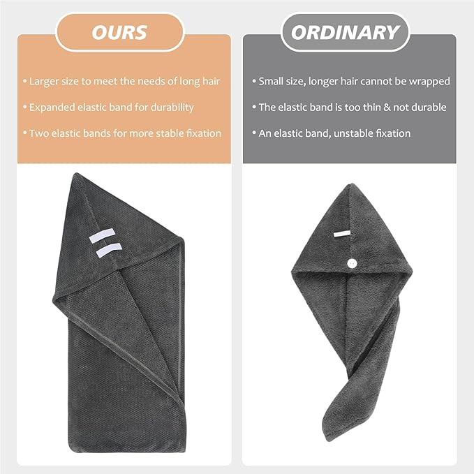 SUNLAND Microfiber Hair Towel Wrap, Hair Drying Towel with Button, Hair Turbans for Wet Hair Head Towel to Dry Hair Quickly 2 Pack