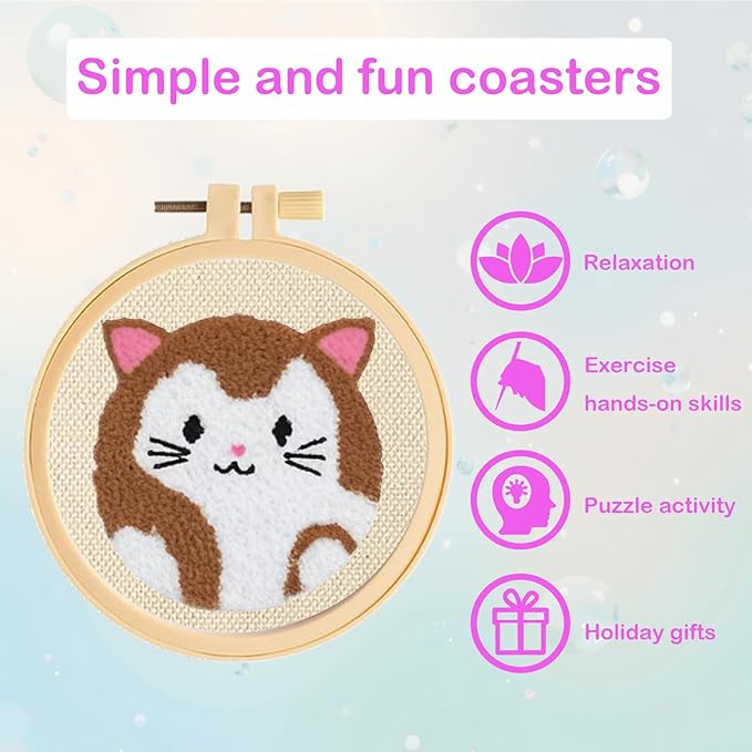 57lilina Punch Needle Coaster Kit for Adults Beginners, 6 Set Complete Animal Cat Punch Needle Stitching Embroidery Art Kit, Step-by-Step Guide Make Punch Needling Drink Coasters for Starter