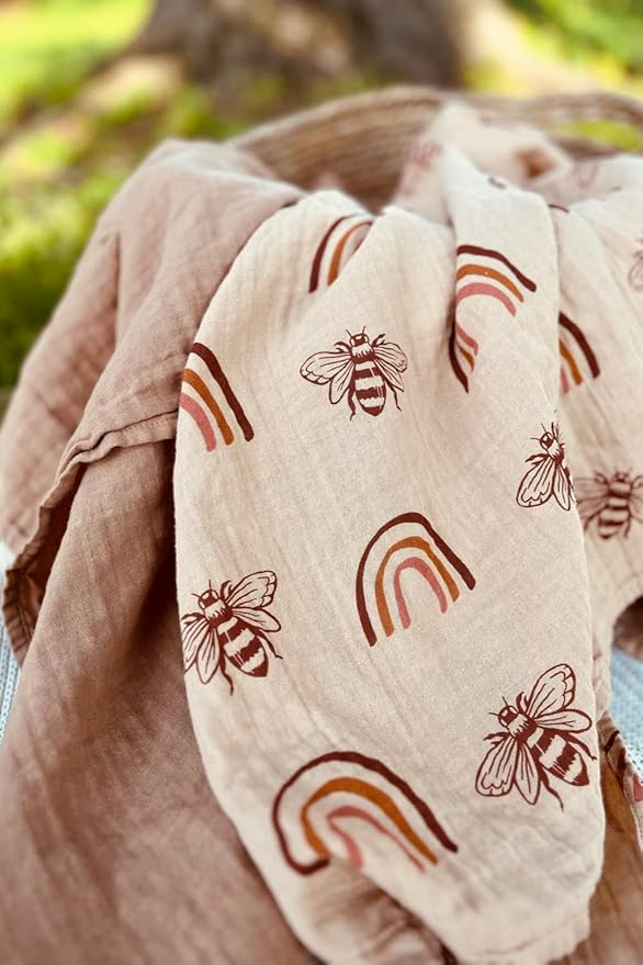 Leyl&Ari Muslin Baby Swaddle Blanket |100% Organic Cotton Receiving Blanket (Rainbow/Bee Set)