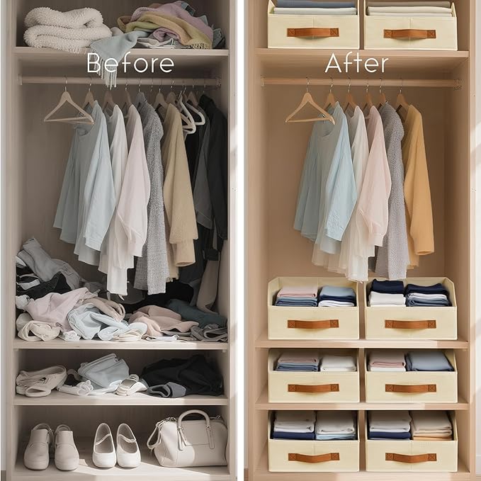 Homsorout Fabric Storage Bins for Organizing - 8 Pack Large Trapezoid Collapsible Storage Bins with Front Handle, Closet Organizers and Storage for Bedroom, Home Shelves, Small Spaces, Beige