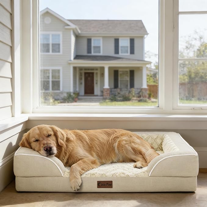 Casa Paw Orthopedic Dog Beds for Extra Large Sized Dogs, Waterproof Memory Foam XL Pet Bed with Sides 48x30Inch, Non-Slip and Egg-Crate Foam Big Dog Couch Bed with Removable Washable Cover, Beige