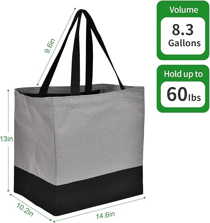 CNaiyunpin 3 Pack Canvas Reusable Grocery Bags Heavy Duty, 8.3 gal Foldable Large Tote Bag with Handles, Holds 60 lbs Canvas Shopping Bags & Washable Eco-friendly Bags with 5 Pockets, Grey+Black