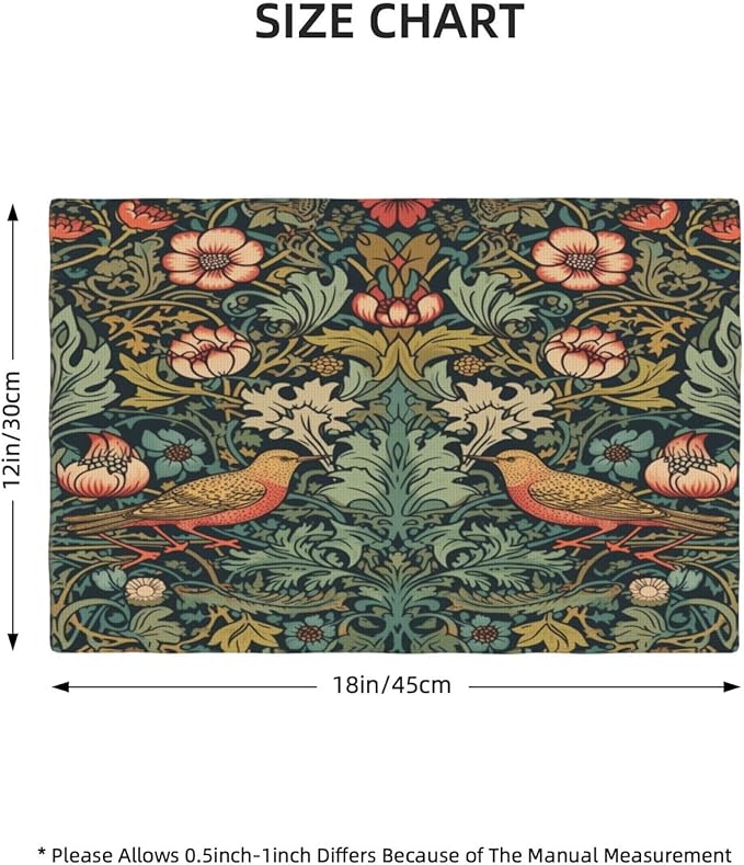 William Morris Placemats, Vintage Rustic Abstract Green Plants Flowers Nature Birds Print Washable Fabric Placemats Table Kitchen Dining Party 12x18 Inch Set of 4