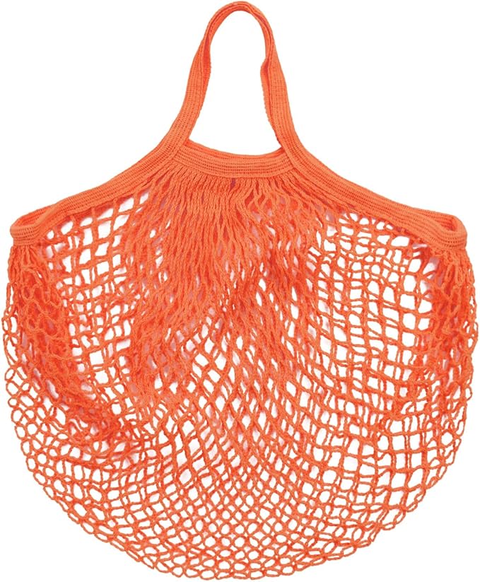 M METERXITY 1-Pack Cotton Mesh Bag, Reusable Washable Mesh Net String Grocery Bags, Reusable Produce Bags with Handle, Net Tote Bag for Fruits/Vegetables Shopping [Orange, Short Handle]