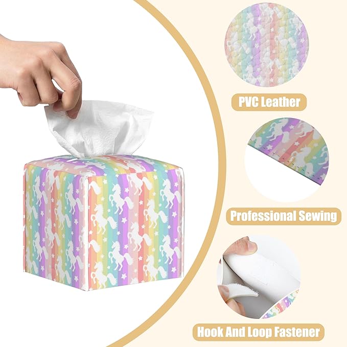 Leather Tissue Box Holder Unicorn Silhouette on Rainbow Stripes Tissue Box Cover Facial Paper Case Organizer Cube Napkin Dispenser for Bathroom Vanity Countertop Night Stand Office Car