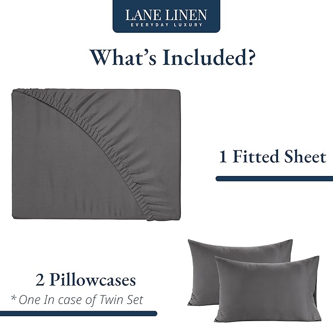 LANE LINEN Twin XL Fitted Sheet, 100% Organic Cotton 2-Piece Set (1 Fitted Sheet, 1 Pillowcase), Percale Weave, Soft, Breathable, Fits Mattress Upto 15" Deep - Charcoal (No Flat Sheet)