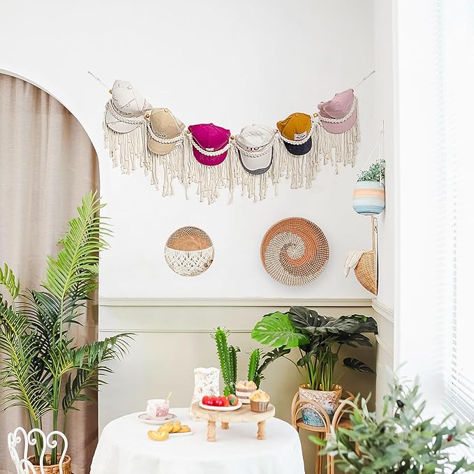 jontell Macrame Hat Organizer Baseball Cap Holder Ball Hat Storage Cap Display with Bead Wall Hanging Hat Rack for Boho Bedroom Living Room-1 Pack