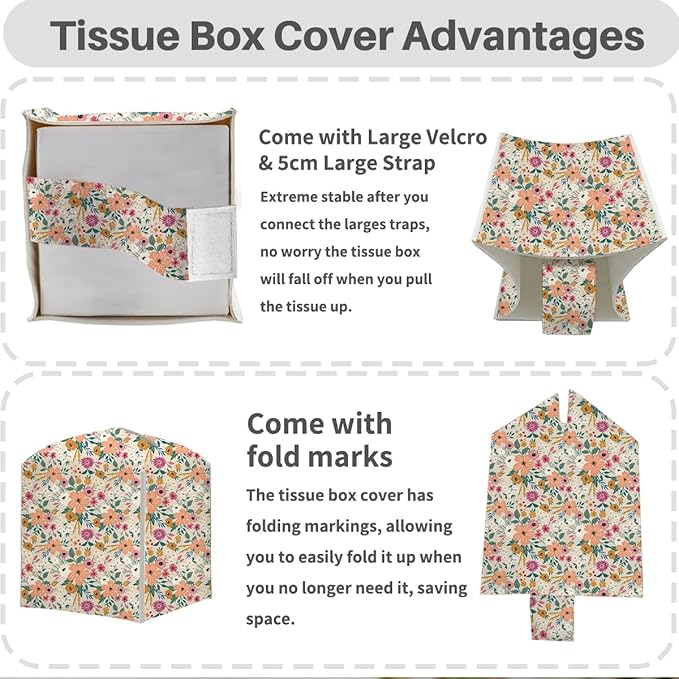 Tissue Box Cover, Tissue Box Holder, Square with Belt Bottom, PU Leather Decorative Organizer for Desk, Countertop Bathroom, Living Room ,Toilet Car, Office, Dresser Bedside, Aesthetic Floral Decor