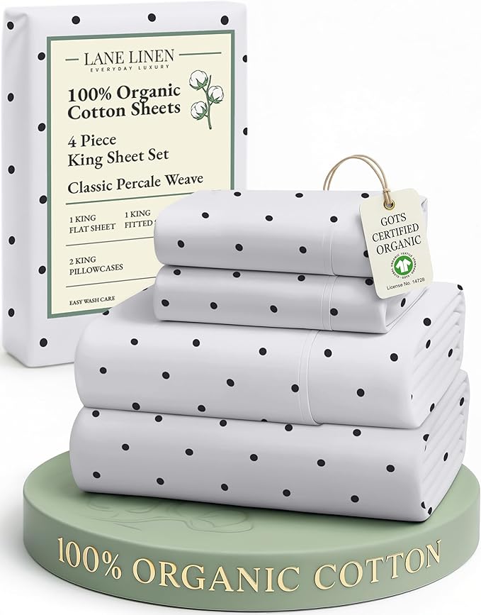 LANE LINEN 100% Organic Cotton Printed King Size Bed Sheets Machine Washable Fully Elasticized Low Pill Fade Resistant Cotton Sheets, Soft & Comfy Percale Eco Friendly sábanas King- Black Polka Dot