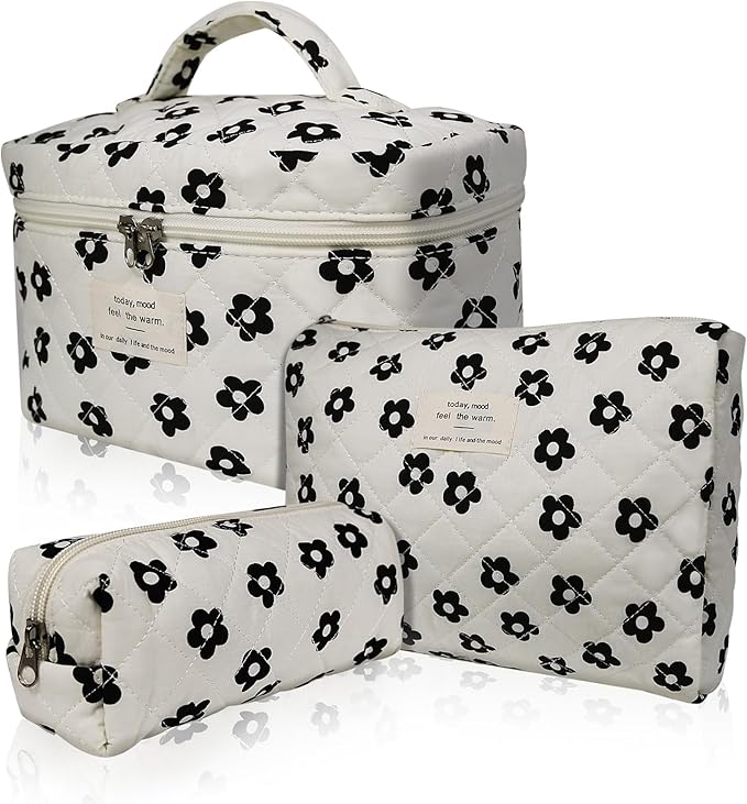 Gosect 3pc Makeup Bag Set, Quilted Makeup Bag Set, Large Floral Cosmetic Bag for Women, Cute Cotton Makeup Bags, Flower Travel Toiletry Organizer Bag (Black Flowers)
