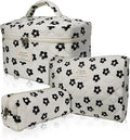 Gosect 3pc Makeup Bag Set, Quilted Makeup Bag Set, Large Floral Cosmetic Bag for Women, Cute Cotton Makeup Bags, Flower Travel Toiletry Organizer Bag (Black Flowers)