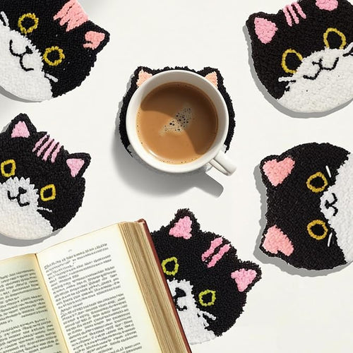 57lilina Punch Needle Coaster Kit for Adults Beginners, 6 Set Complete Animal Cat Punch Needle Stitching Embroidery Art Kit, Step-by-Step Guide Make Punch Needling Drink Coasters for Starter