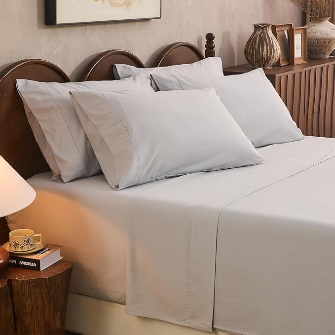 100% Linen Sheet Set Queen Size Extra Deep Pocket Fits 18-24 Inch Mattress, Breathable & Soft, Smooth 6-Piece Set for Thick Mattresses Hotel Luxury Bedding（Queen, Grey）