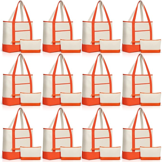 Sanwuta Canvas Tote Bags Bulk with Outer Pocket and Makeup Pouch 18'' Reusable Grocery Bags with Handles for Women Beach DIY