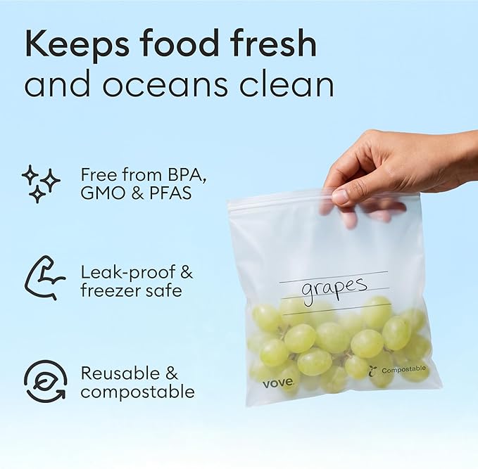 Vove Compostable Snack Bags, Small 50 Count – Freezer Safe, Leak Resistant, Non Toxic, Writable & Reusable Food Storage, Plastic-Free Eco Bags