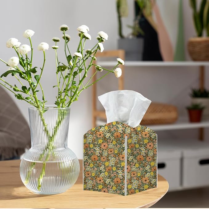 Tissue Box Cover, Tissue Box Holder, Square with Belt Bottom, PU Leather Decorative Organizer for Desk, Tabletop, Countertop Bathroom, Toilet Car, Office, Dresser Bedside, Aesthetic Wildflowers Decor