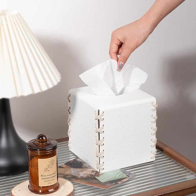 Tissue Box Cover PU Leather Tissue Holder Square Decorative Home Decor Cube Boxes for Bathroom, Kitchen, Nightstand, Office Desk Essentials, White